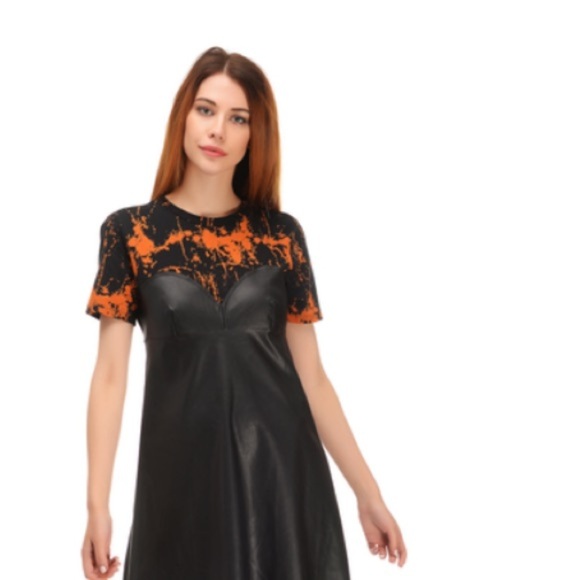 Zara medium black faux leather short sleeve asymmetrical dress. - Picture 5 of 11